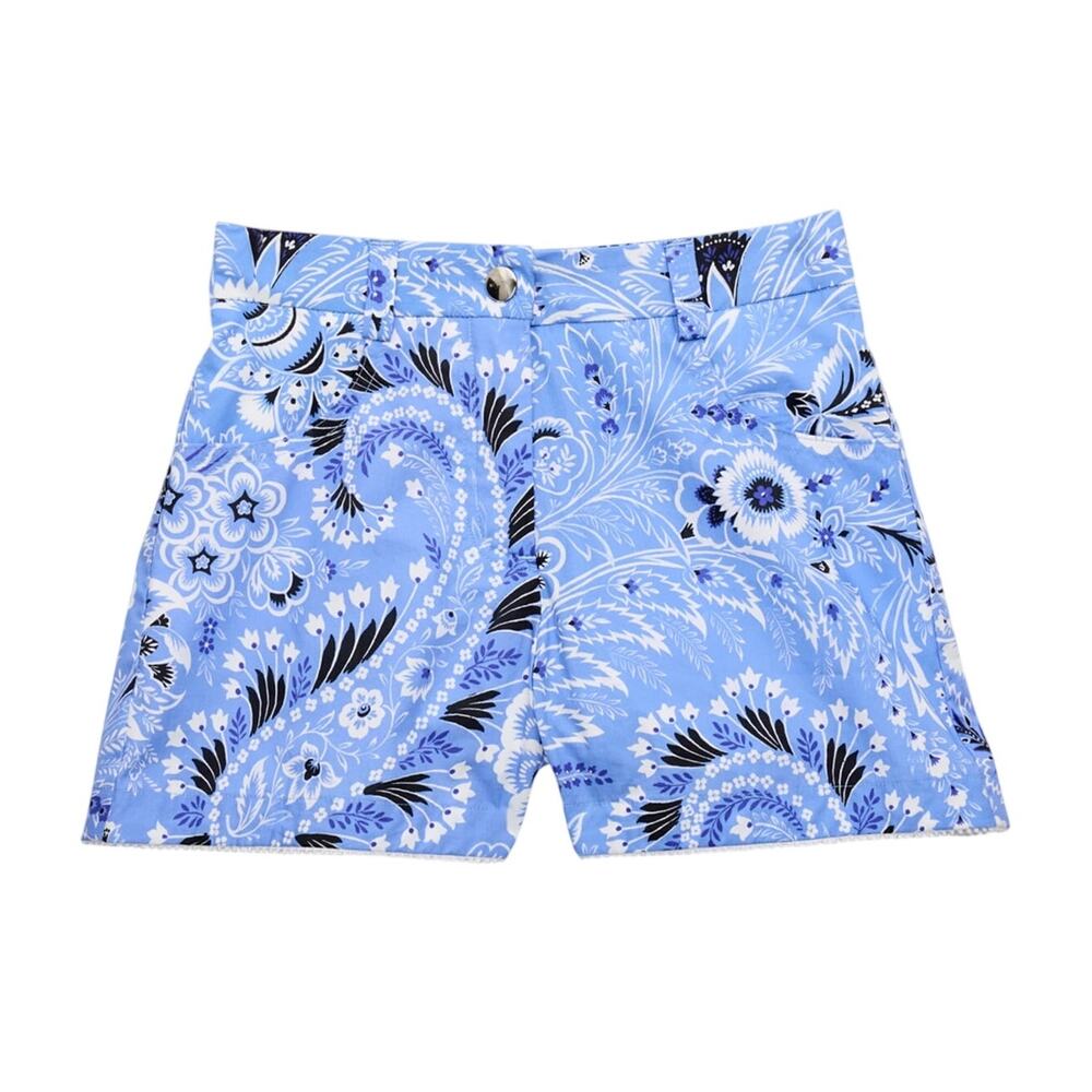 Etro Vibrant Blue Paisley Cotton High Waist Shorts Size 16 NWT